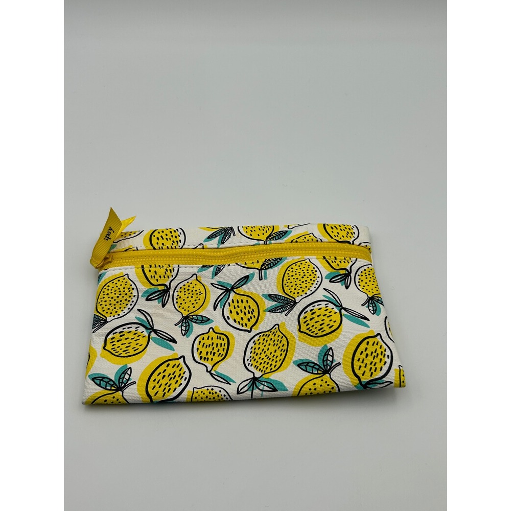 Ipsy Lemon Print Makeup Bag Yellow White Teal Zippered Cosmetic Pouch